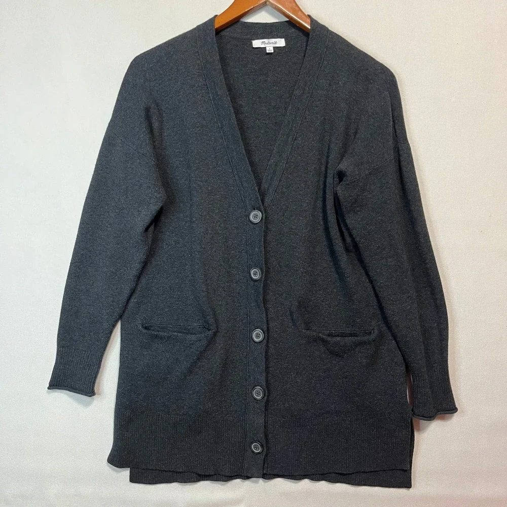 Madewell Charcoal Gray V-Neck Button Front Long Cardigan Cotton Sweater - Size S